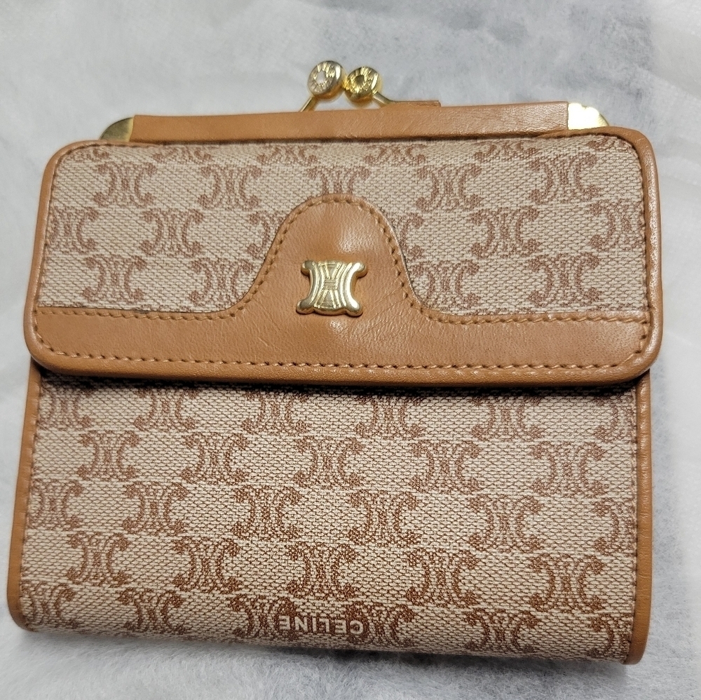 Celine Tan & Beige Triomphe Canvas Wallet with Gold Accents